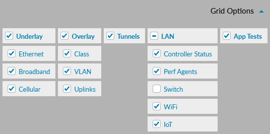 Grid options dropdown menu