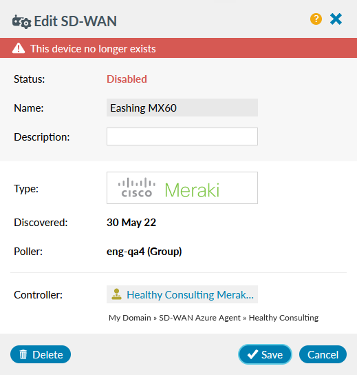 SD-WAN edit device panel - Device no longer exists