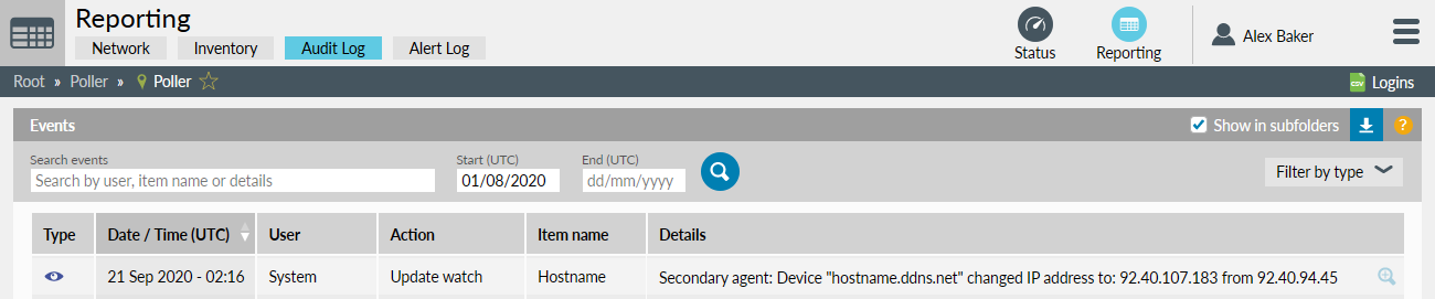 Example of audit log showing IP address change to watch using hostname