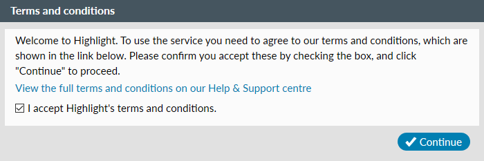 Terms and conditions - new user acceptance