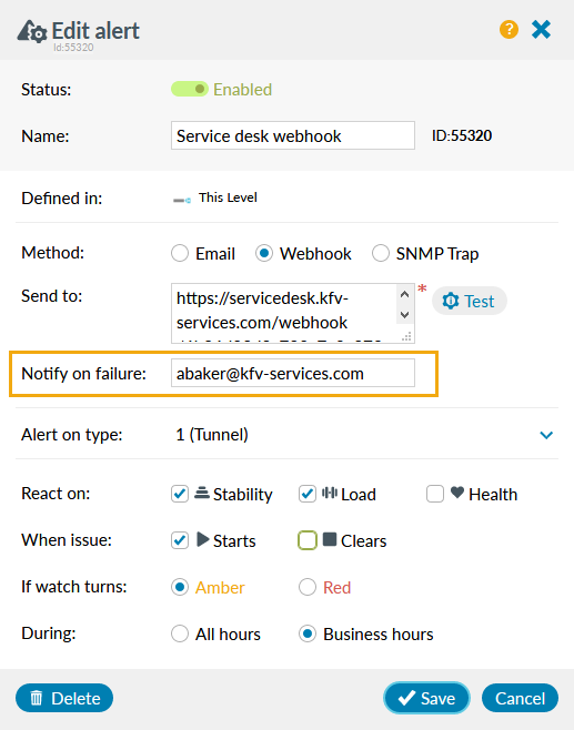 Webhook alerts - notify on failure