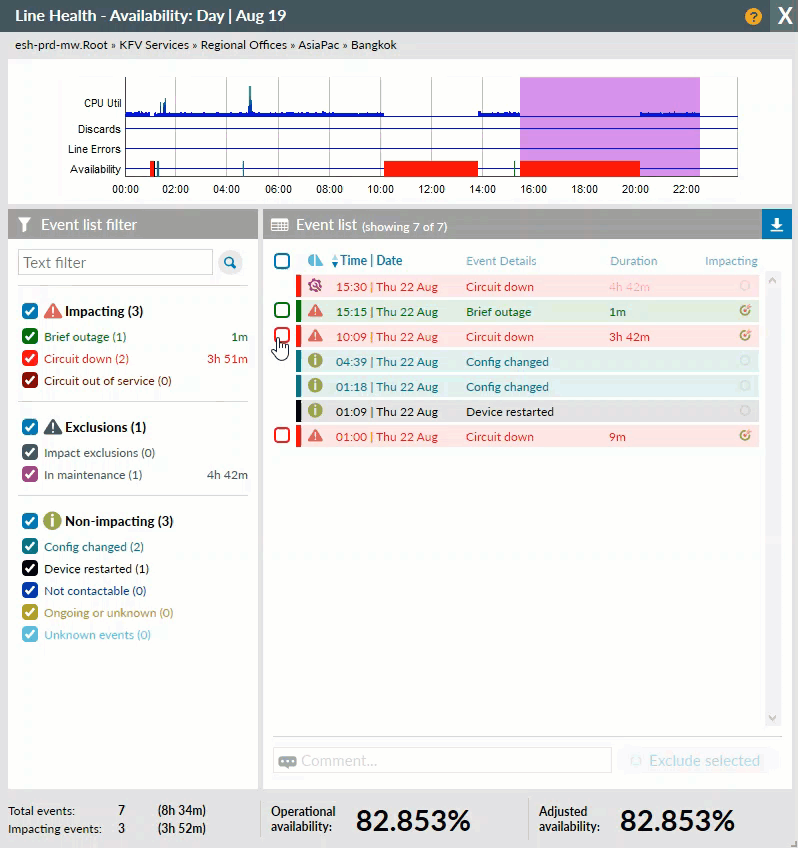 Using the Line Health dialog to exclude an event