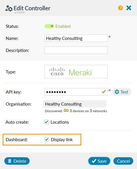 Link to Meraki daskboard is configured on the edit controller dialog