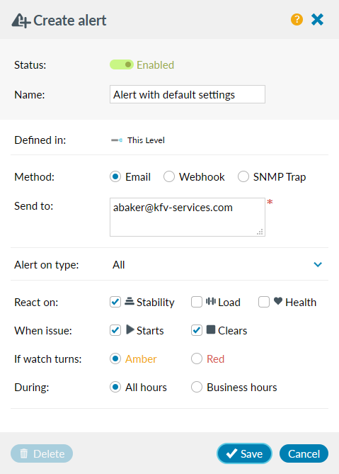 Create Alerting with Default settings